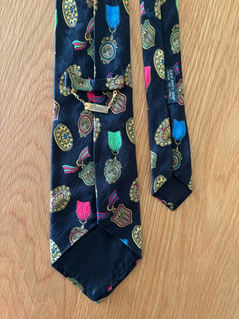 Brioni Italy Silk Tie Black Medal Crest Medallion Print Luxury Designer